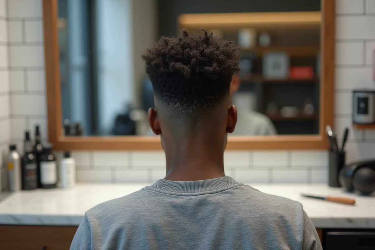Homme aux cheveux épais arborant un dégradé en V fondu parfaitement réalisé dans un salon moderne
