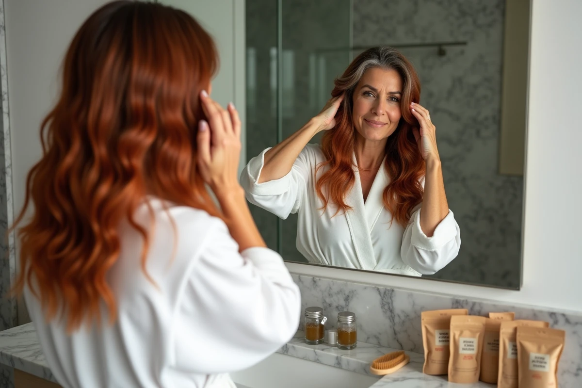Femme aux cheveux ondulés grisonnants révélant un résultat cuivré après coloration au henné naturel devant un miroir de salle de bain