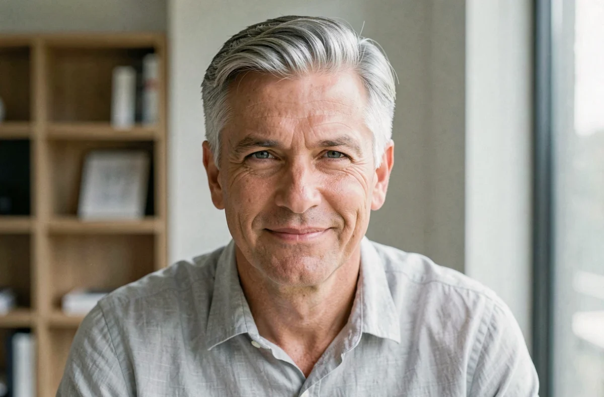 Portrait d'un homme aux cheveux gris colorés sans ammoniaque avec un résultat naturel et élégant