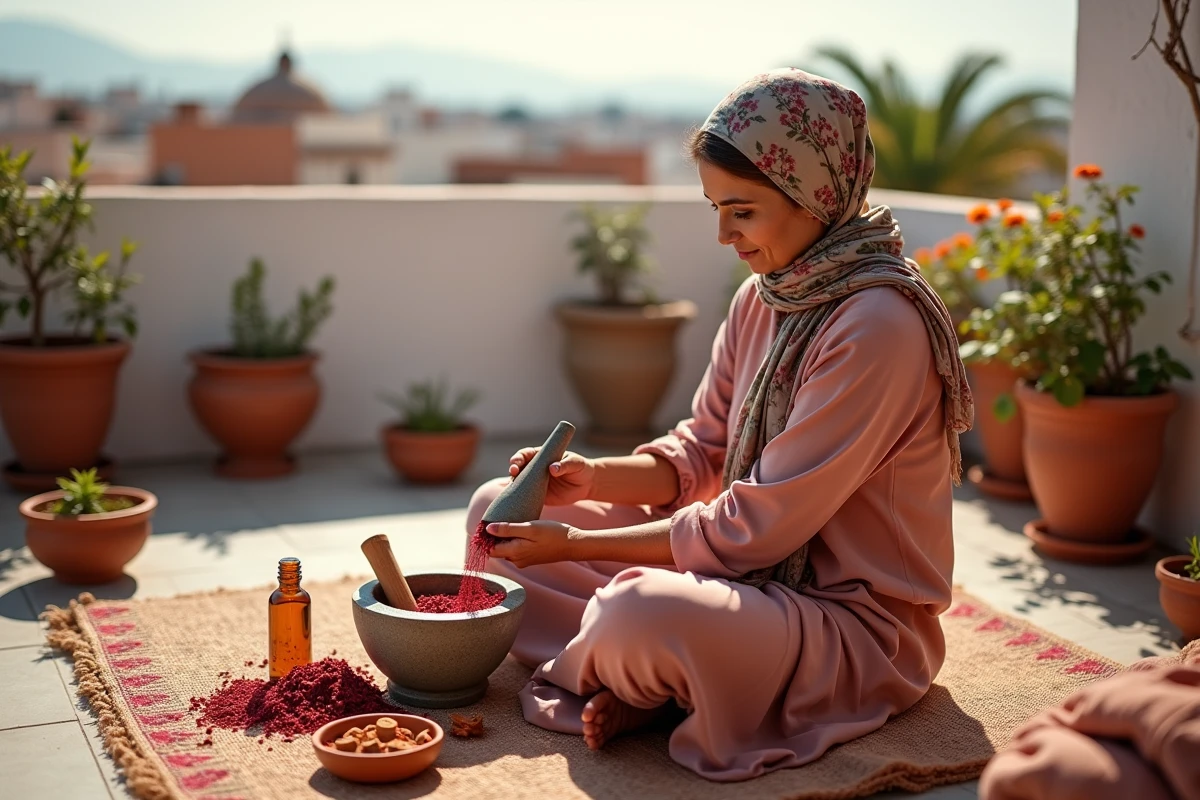 Femme marocaine préparant une pâte de beauté ancestrale avec safran et pétales de rose sur une terrasse de Marrakech