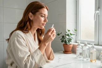 Femme appliquant un sérum visage dans une salle de bain minimaliste aux tons blancs, rituel beauté tendance 2026