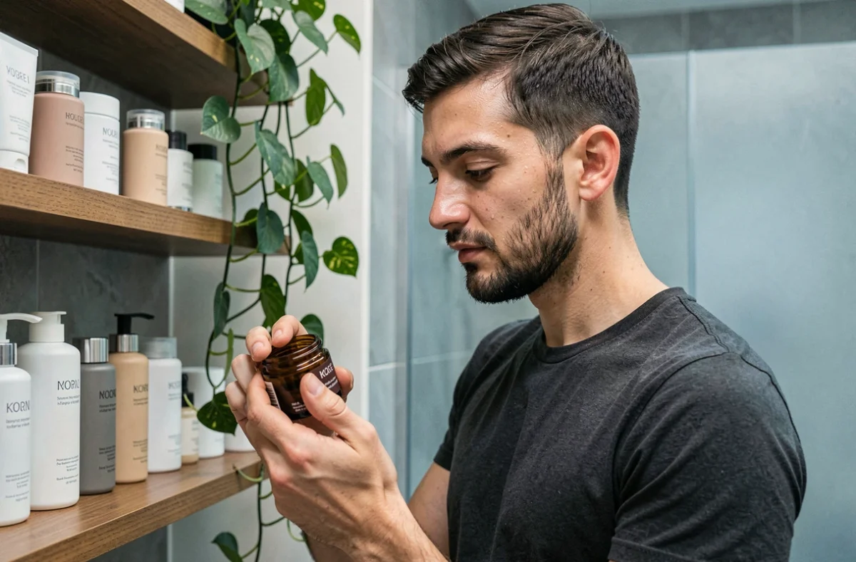 Jeune homme examinant un soin visage dans une salle de bain moderne, beauté masculine et nouveaux rituels grooming 2026