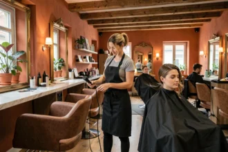 Vue intérieure d'un salon de coiffure alsacien moderne avec chaises de coiffure et miroirs vintage