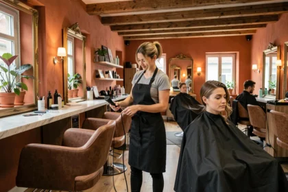 Vue intérieure d'un salon de coiffure alsacien moderne avec chaises de coiffure et miroirs vintage