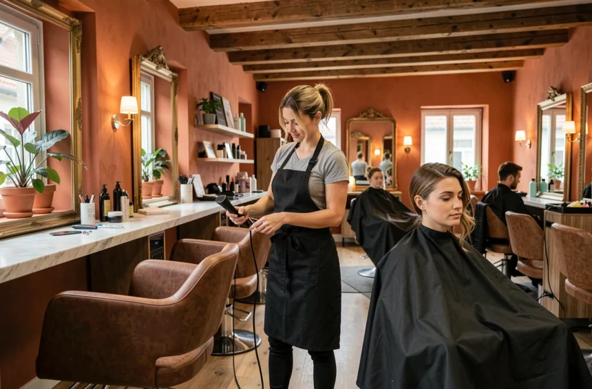 Vue intérieure d'un salon de coiffure alsacien moderne avec chaises de coiffure et miroirs vintage