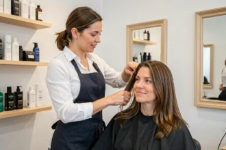 Coiffeuse professionnelle coupant les cheveux d'une cliente dans un salon de coiffure moderne à La Chapelle-Heulin