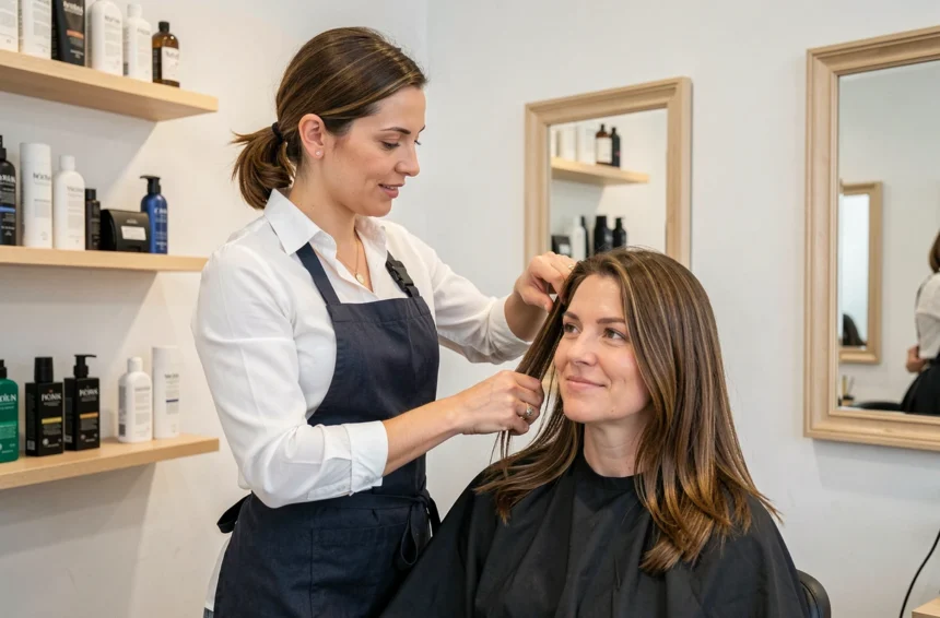 Coiffeuse professionnelle coupant les cheveux d'une cliente dans un salon de coiffure moderne à La Chapelle-Heulin