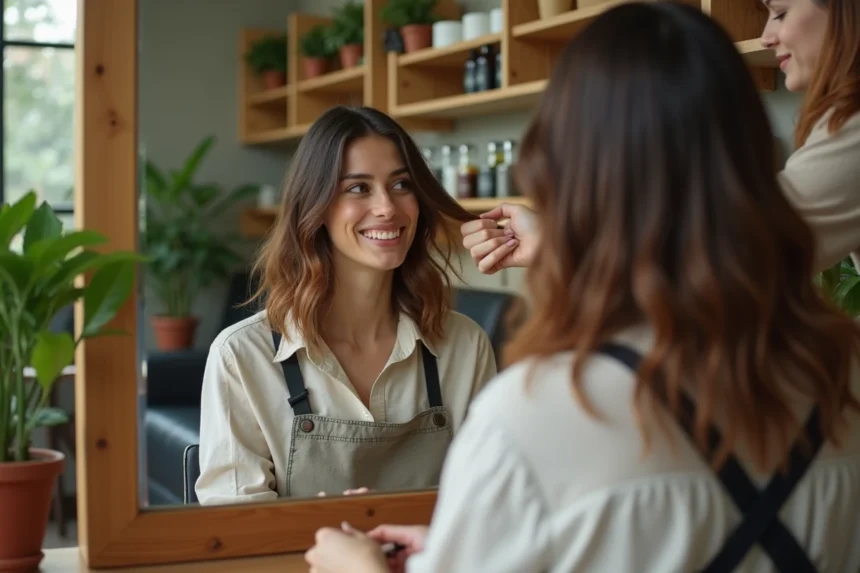 Jeune femme dans un salon écologique avec styliste et miroir