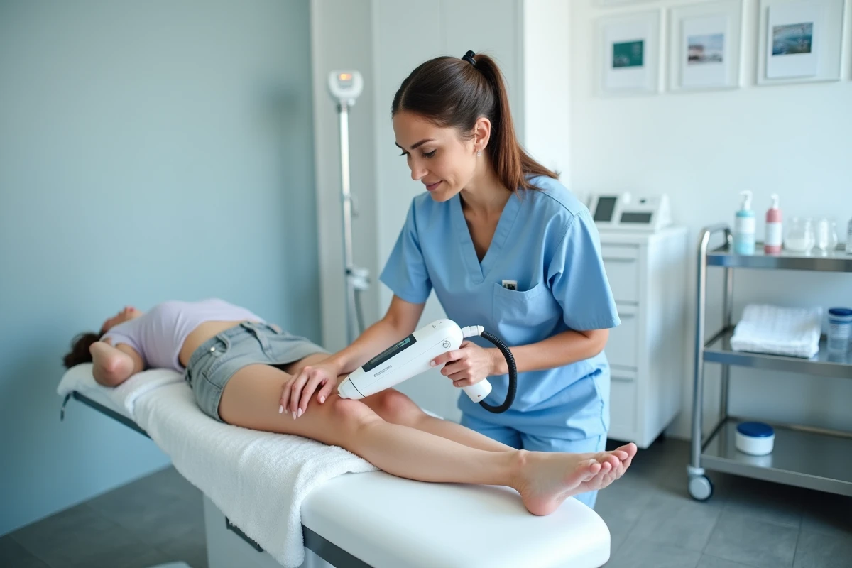 Esthéticienne utilisant un appareil laser sur la jambe d'une cliente lors d'une séance d'épilation professionnelle