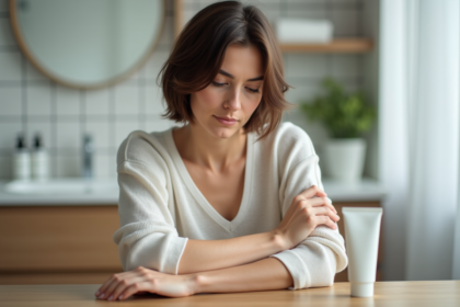 Femme appliquant une creme sur une cicatrice au bras