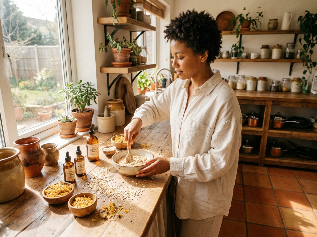 Jeune femme préparant un soin naturel à base d'avoine contre l'eczéma atopique dans une cuisine artisanale