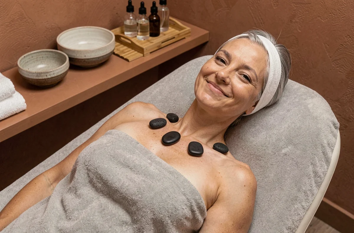 Femme profitant d'un soin spa avec pierres volcaniques, tendances bien-être et beauté holistique en 2026