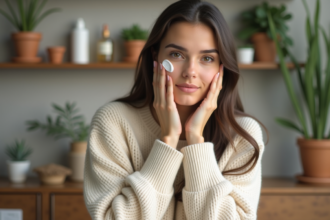 Femme appliquant creme visage dans salle de bain