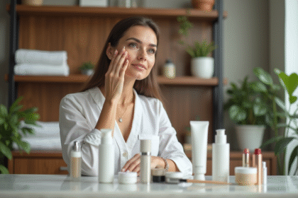 Femme appliquant creme visage dans salle de bain lumineuse
