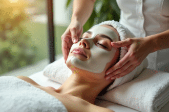 Femme recevant un soin visage relaxant dans un institut de beauté