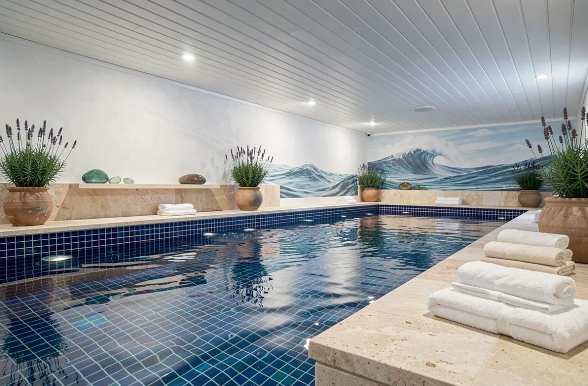 Espace bien-être marin du Spa Marin à Sens avec piscine carrelée bleue et décor inspiré de l'océan