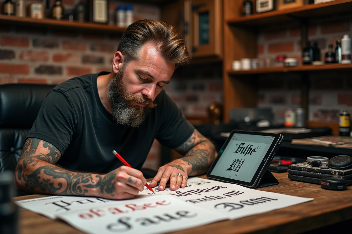 Tatoueur expérimenté comparant des polices de caractères et corrigeant une erreur sur un bon de tatouage de prénom