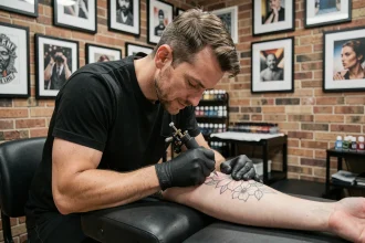 Tatoueur professionnel en train de réaliser un tatouage floral sur l'avant-bras d'un client dans un studio moderne avec murs en briques apparentes