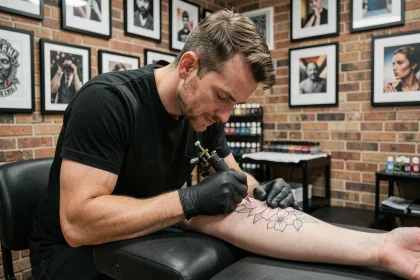 Tatoueur professionnel en train de réaliser un tatouage floral sur l'avant-bras d'un client dans un studio moderne avec murs en briques apparentes