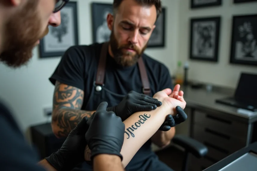 Tatoueur professionnel analysant un stencil de prénom sur l'avant-bras d'un client dans un studio de tatouage moderne