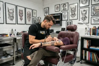 Tatoueur professionnel au travail dans un studio moderne des Hauts-de-France, entouré de flash art encadré et d'équipements soignés