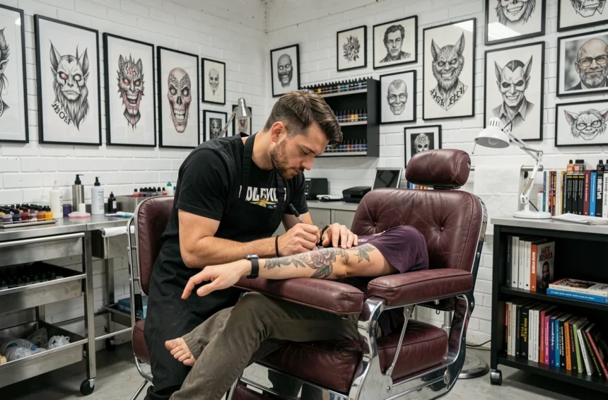 Tatoueur professionnel au travail dans un studio moderne des Hauts-de-France, entouré de flash art encadré et d'équipements soignés
