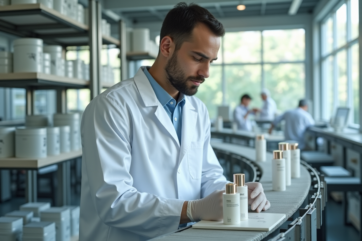 Technicien contrôlant produits de soin en usine moderne