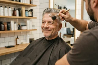 Homme aux cheveux gris en cours de teinture sans ammoniaque chez un barbier moderne