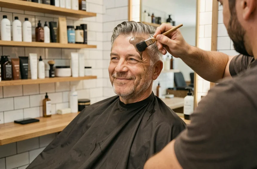 Homme aux cheveux gris en cours de teinture sans ammoniaque chez un barbier moderne