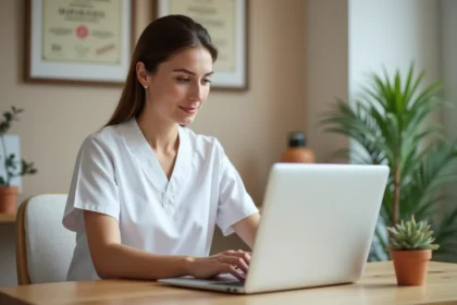 Thérapeute professionnelle consultant une plateforme d'annonces de massage sur ordinateur portable dans un studio bien-être minimaliste
