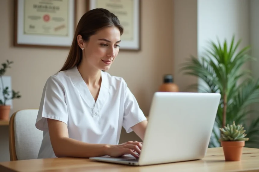 Thérapeute professionnelle consultant une plateforme d'annonces de massage sur ordinateur portable dans un studio bien-être minimaliste