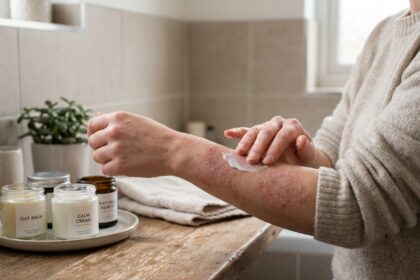 Femme appliquant une crème apaisante sur une zone d'eczéma atopique sur son avant-bras dans une salle de bain naturelle