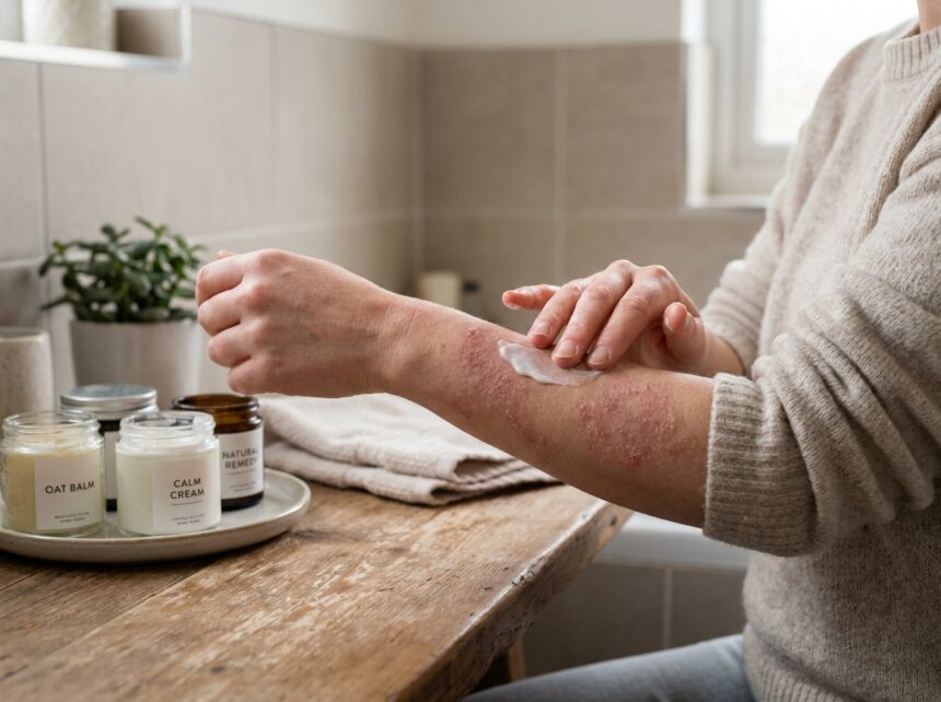 Femme appliquant une crème apaisante sur une zone d'eczéma atopique sur son avant-bras dans une salle de bain naturelle
