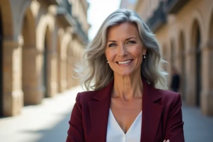 Femme de 48 ans en transition capillaire gris naturel portant un blazer bordeaux, souriant avec confiance en milieu urbain