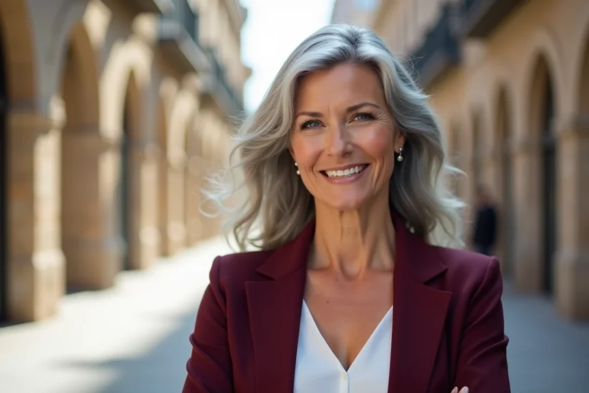 Femme de 48 ans en transition capillaire gris naturel portant un blazer bordeaux, souriant avec confiance en milieu urbain
