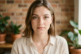Gros plan sur les yeux hazel d'une jeune femme aux reflets verts et ambrés, portrait réaliste en intérieur