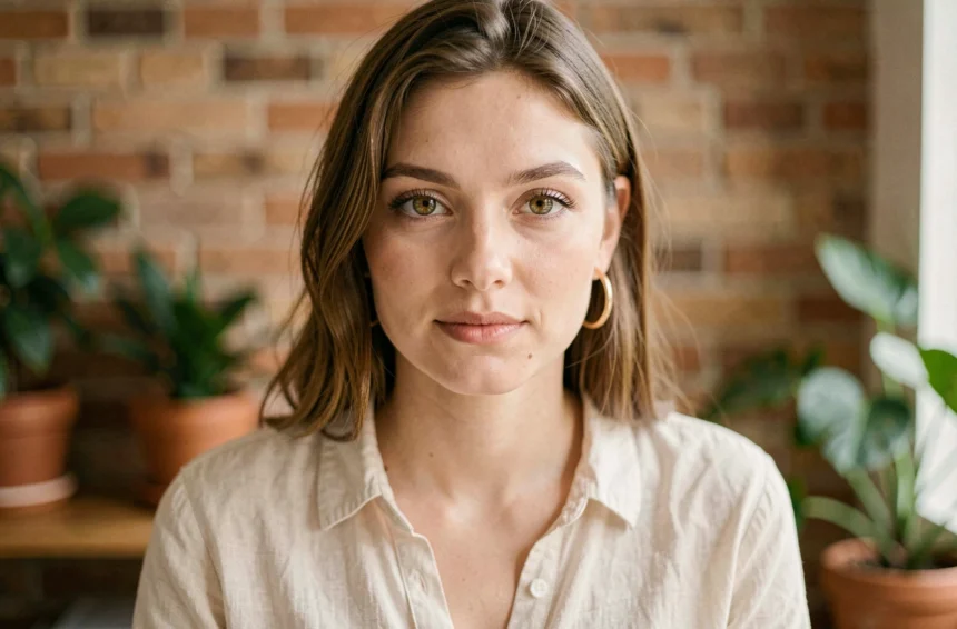 Gros plan sur les yeux hazel d'une jeune femme aux reflets verts et ambrés, portrait réaliste en intérieur