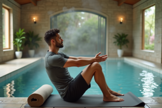 Homme faisant du yoga au spa avec vue sur la nature